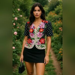 Vintage 100% Silk Heritage House Floral Blouse Size M Polka Dot Gold Buttons